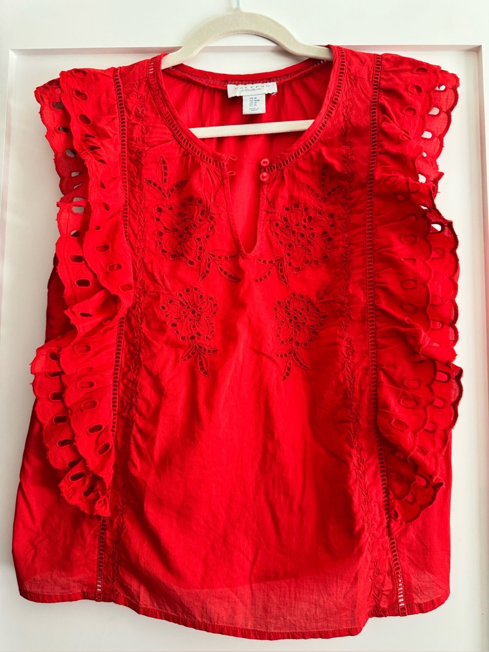 Calypso St. Barth Red Eyelet Ruffle Tank Top 100% Cotton Size M
